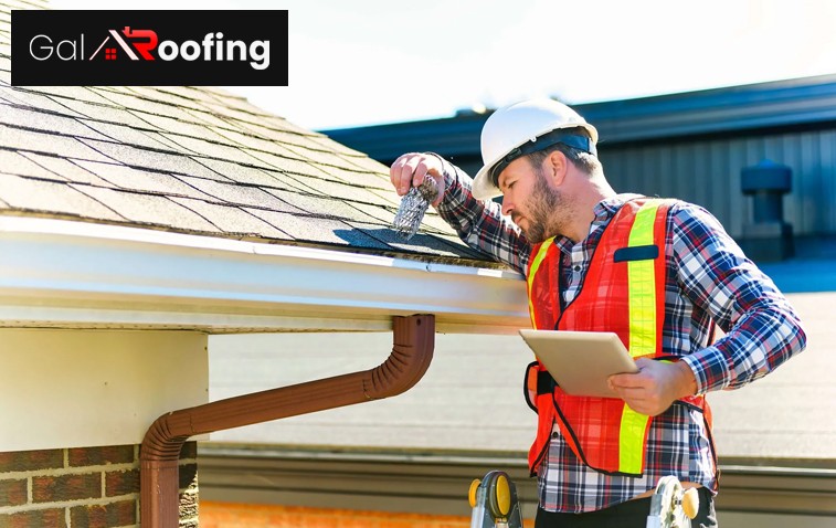 Roofing inspector examining a residential roof for inspection.